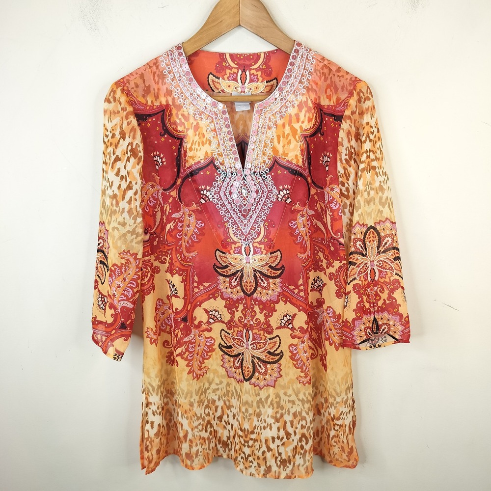 Chico's Tunic Top 1P Medium Petite Sequin Embellished Paisley Boho Orange